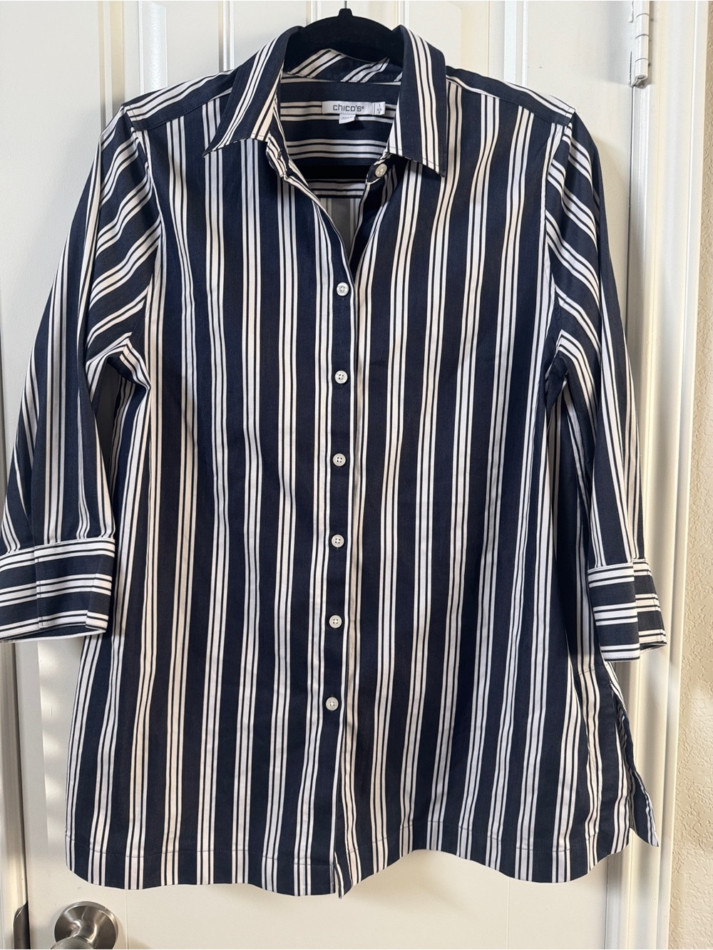 Chico's Navy and White Striped Collared Shirt dark academia office siren